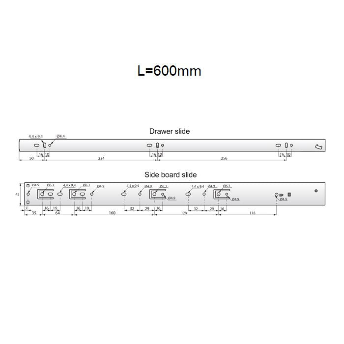 Guide per cassetti ammortizzate 600mm - H45 (sinistra e destra) NTP 