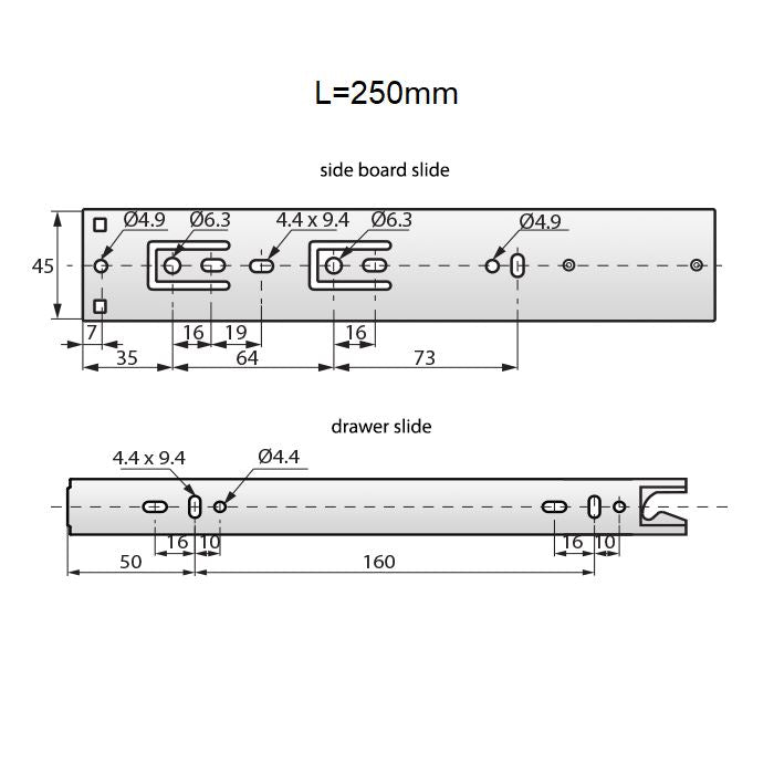 Guide per cassetti autoscaricamento 250mm - H45 (sinistra e destra)