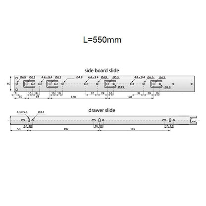 Guide per cassetti autoscaricamento 550mm - H45 (sinistra e destra) Furnica 