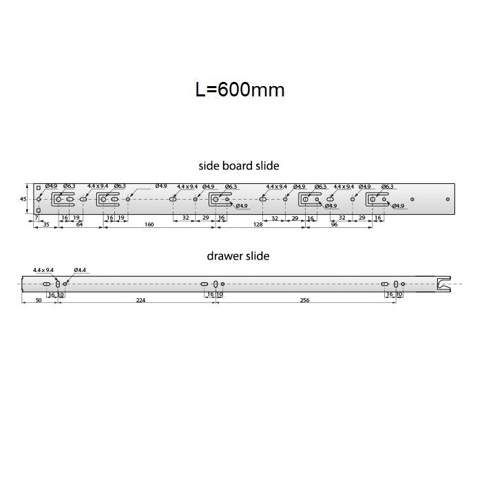 Guide per cassetti autoscaricamento 600mm - H45 (sinistra e destra) Furnica 