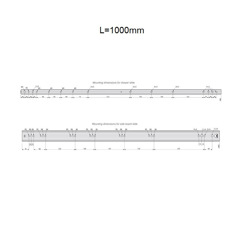 Guide per cassetti con cuscinetti a sfera 1000mm - H53 (sinistra e destra)