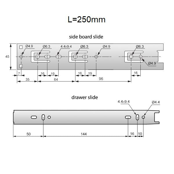 Guide per cassetti con cuscinetti a sfera 250mm - H45 (sinistra e destra)