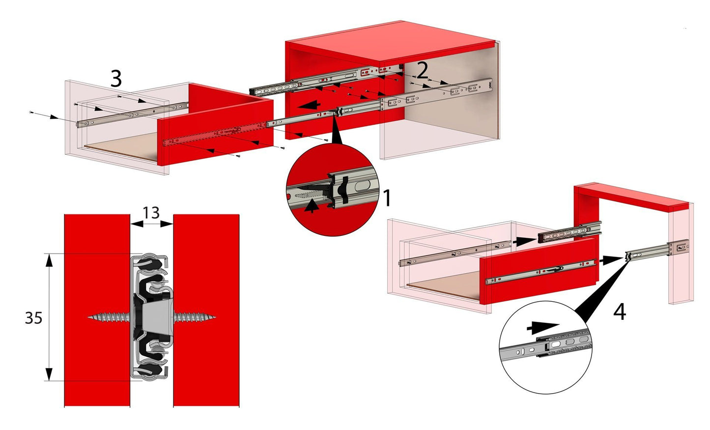 Guide per cassetti con cuscinetti a sfera 300mm - H35 (sinistra e destra) Furnica 