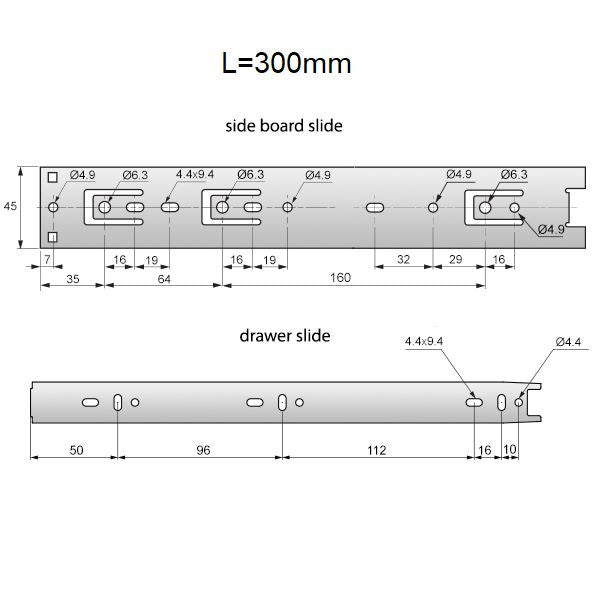 Guide per cassetti con cuscinetti a sfera 300mm - H45 (sinistra e destra) Furnica 