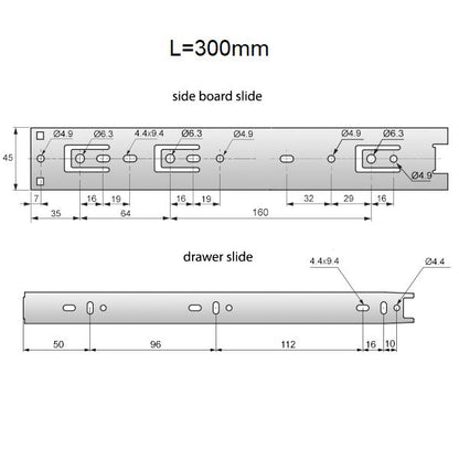 Guide per cassetti con cuscinetti a sfera 300mm - H45 (sinistra e destra) Furnica 