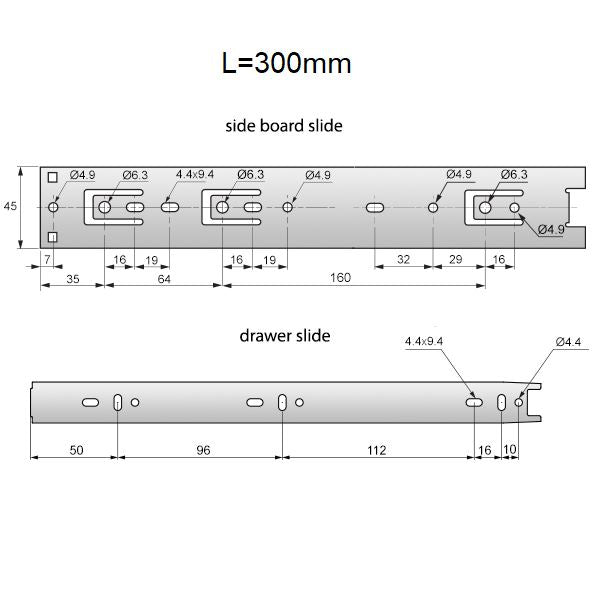 Guide per cassetti con cuscinetti a sfera 300mm - H45 (sinistra e destra)