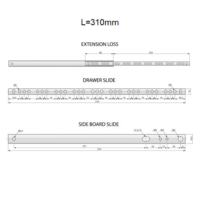 Guide per cassetti con cuscinetti a sfera 310mm - H17 (sinistra e destra)