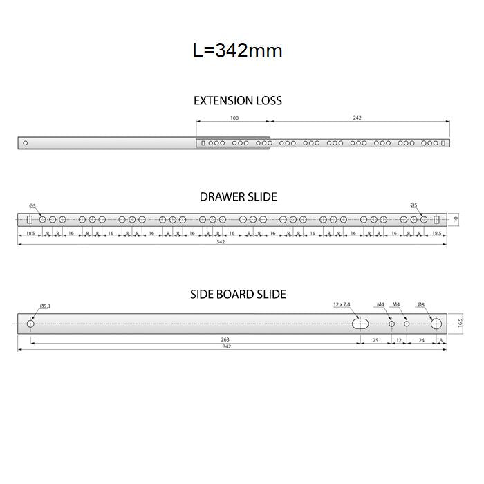 Guide per cassetti con cuscinetti a sfera 342mm - H17 (sinistra e destra) Furnica 