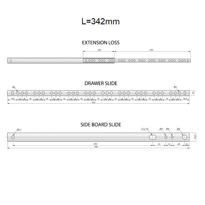 Guide per cassetti con cuscinetti a sfera 342mm - H17 (sinistra e destra)