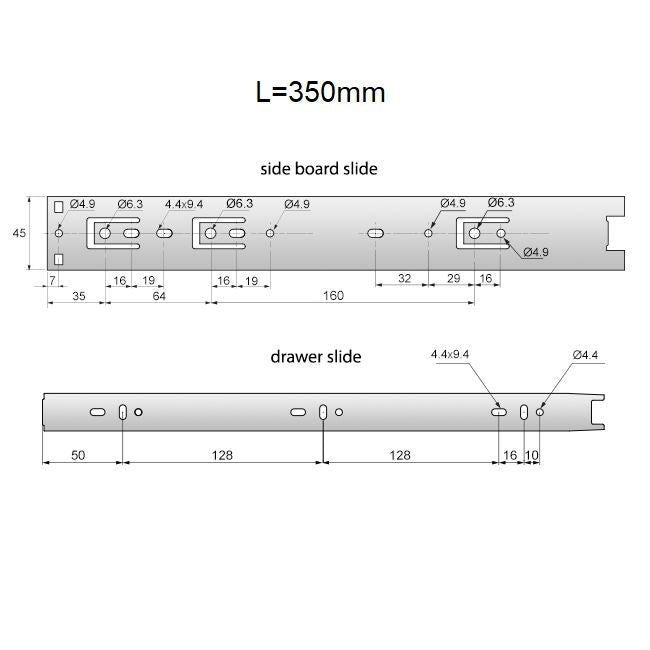 Guide per cassetti con cuscinetti a sfera 350mm - H45 (sinistra e destra)