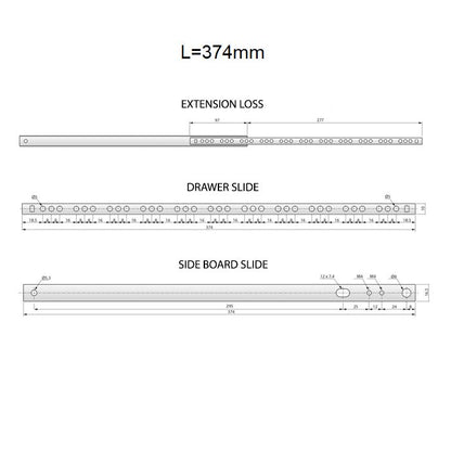 Guide per cassetti con cuscinetti a sfera 374mm - H17 (sinistra e destra) Furnica 