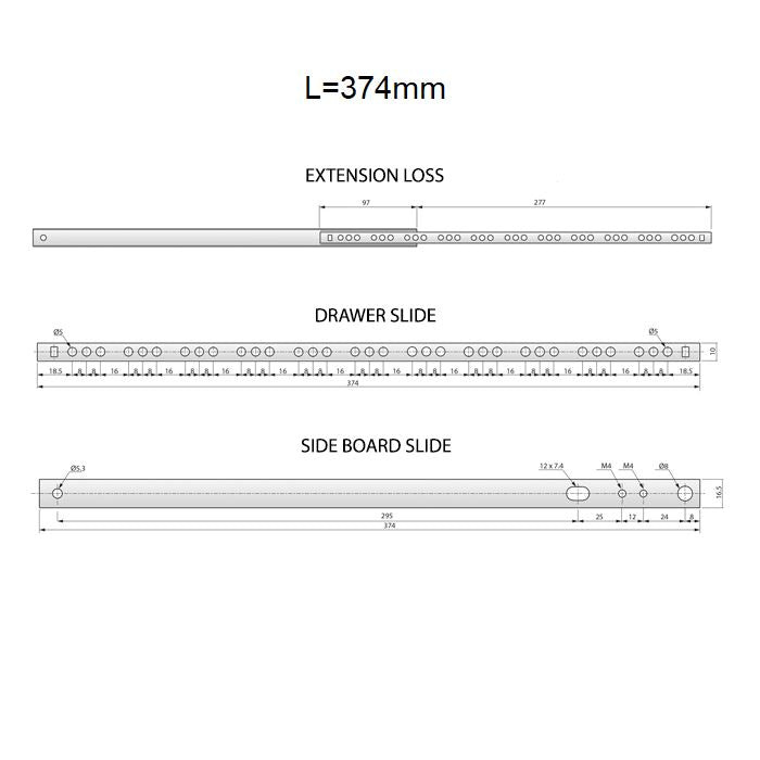 Guide per cassetti con cuscinetti a sfera 374mm - H17 (sinistra e destra)