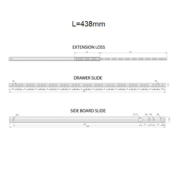 Guide per cassetti con cuscinetti a sfera 438mm - H17 (sinistra e destra)