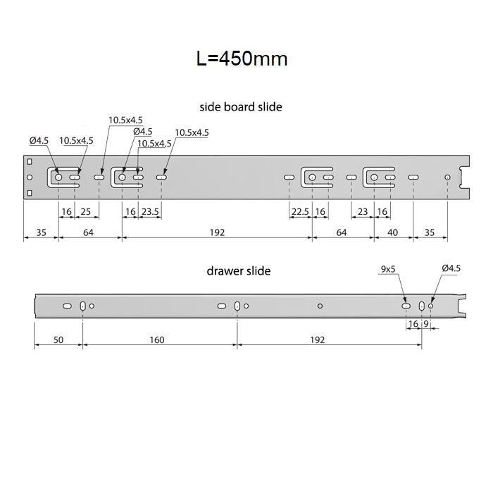 Guide per cassetti con cuscinetti a sfera 450mm - H45 (sinistra e destra)