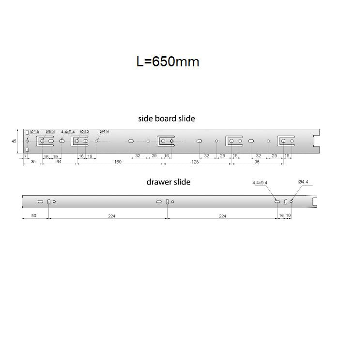 Guide per cassetti con cuscinetti a sfera 650mm - H45 (sinistra e destra) Furnica 