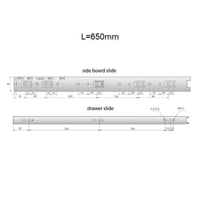Guide per cassetti con cuscinetti a sfera 650mm - H45 (sinistra e destra) Furnica 