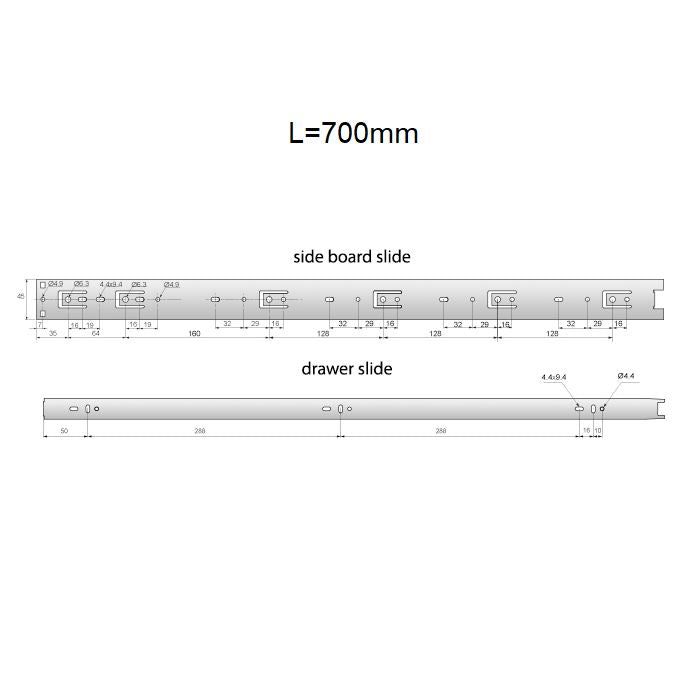 Guide per cassetti con cuscinetti a sfera 700mm - H45 (sinistra e destra) Furnica 