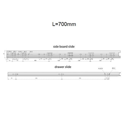 Guide per cassetti con cuscinetti a sfera 700mm - H45 (sinistra e destra) Furnica 