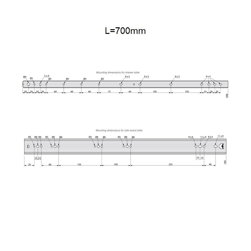 Guide per cassetti con cuscinetti a sfera 700mm - H53 (sinistra e destra) Furnica 
