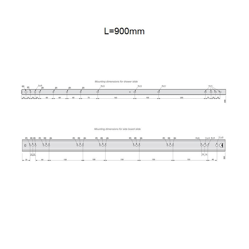 Guide per cassetti con cuscinetti a sfera 900mm - H53 (sinistra e destra) Furnica 
