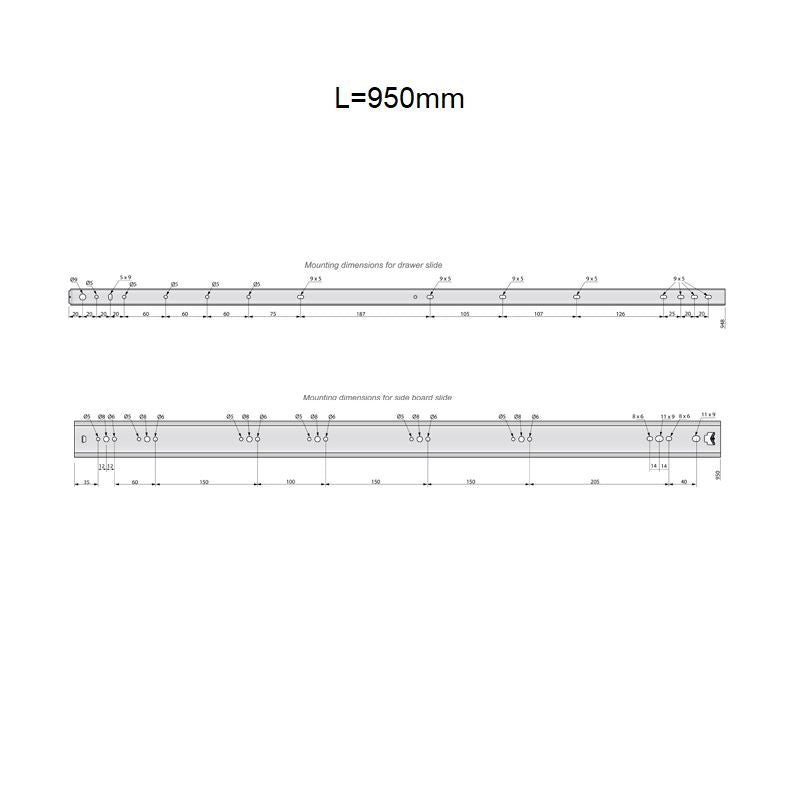 Guide per cassetti con cuscinetti a sfera 950mm - H53 (sinistra e destra) Furnica 