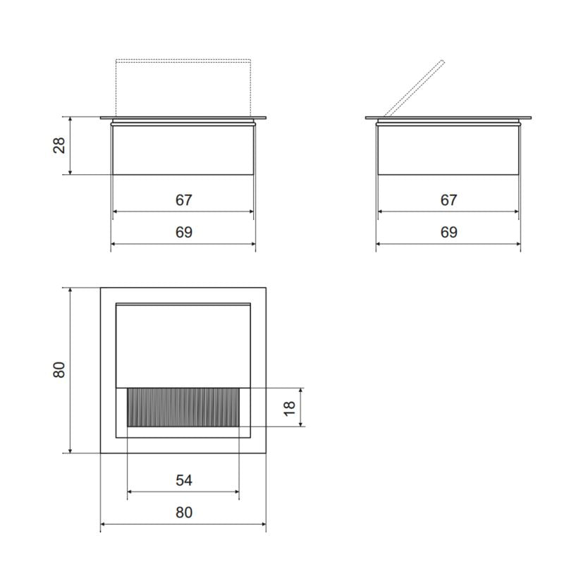 Passacavo quadrato in alluminio per scrivania 80x80mm - Nero