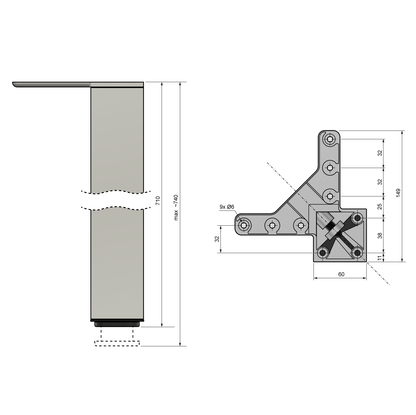 Piedini per Mobili regolabili alluminio 710mm - Altezza 100mm Furnica 