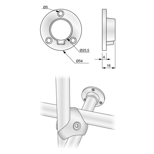 Supporto flangia basso per 25mm asta appendiabiti - Cromo NTP 