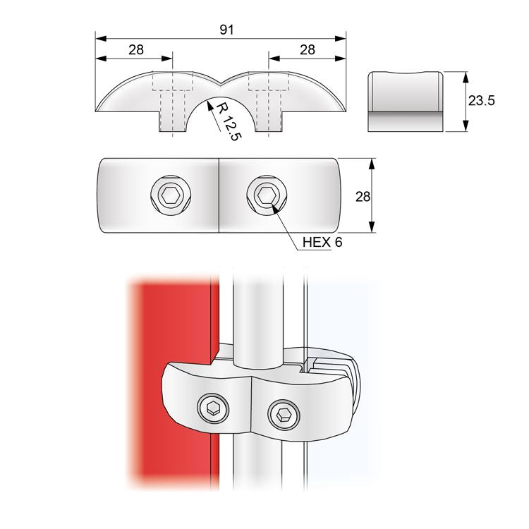 Supporto per asta appendiabiti 25mm - Cromo (con inserti) NTP 